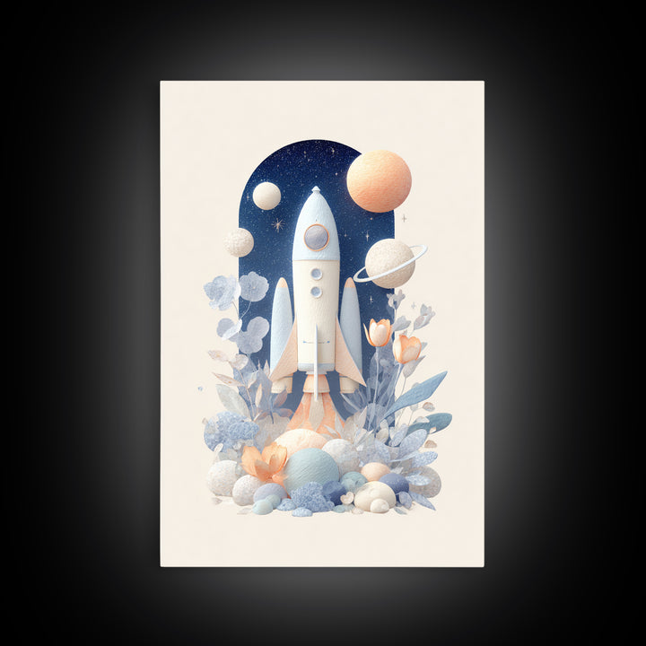 Rocket Ship and Smiling Planets Framed Canvas Print, Nursery Art, Nursery Wall Art, Nursery Decor, Oil Painting, Nursery, NUR-2x3-53