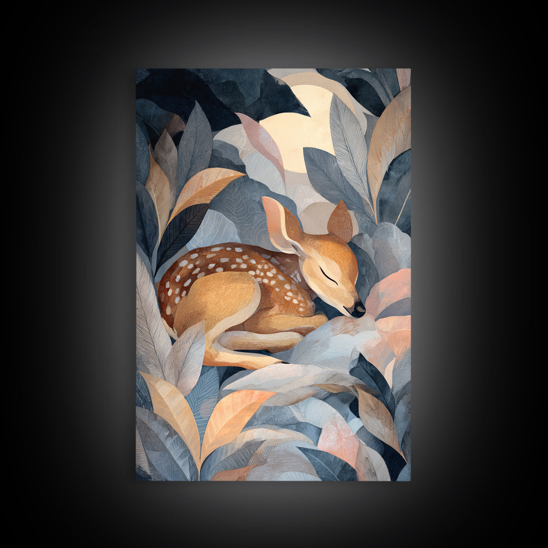 Deer Fawn Sleeping Framed Canvas Print, Nursery Art, Textured Painting, Nursery Decor, Fine Art, Nursery, Wall Art Print, NUR-2x3-55