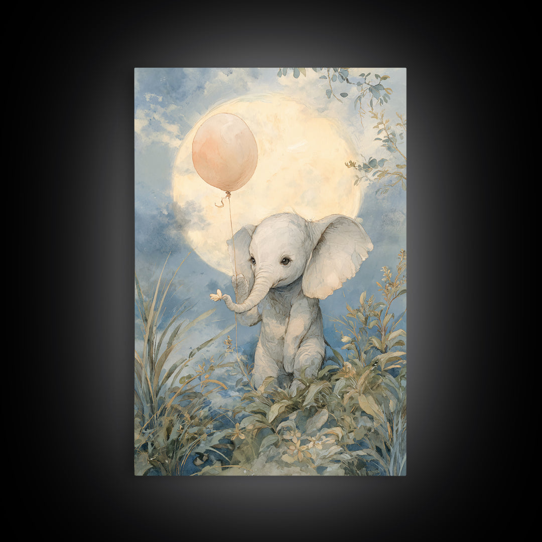 Sleepy Baby Elephant Holding a Tiny Balloon Canvas Print, Nursery Art, Playroom Decor, Nursery Decor, Oil Painting, Nursery, NUR-2x3-57