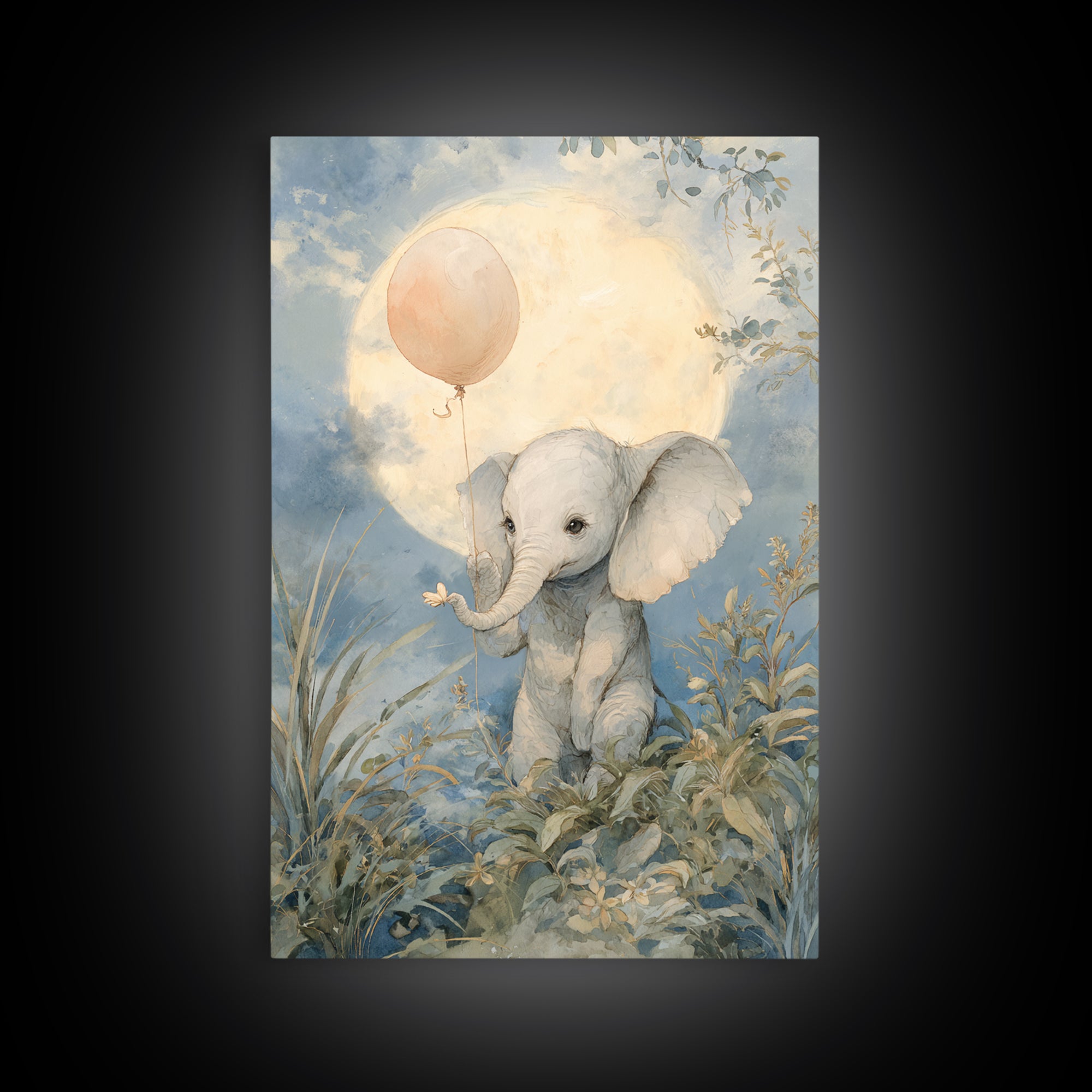 Sleepy Baby Elephant Holding a Tiny Balloon Canvas Print, Nursery Art, Playroom Decor, Nursery Decor, Oil Painting, Nursery, NUR-2x3-57