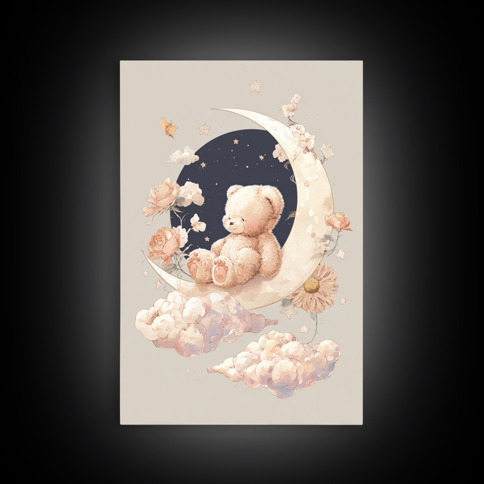Baby Bear Floating on a Crescent Moon Canvas Print, Nursery Art, Nursery Decor, Abstract Art, Nursery, Kids Wall Art, NUR-2x3-62