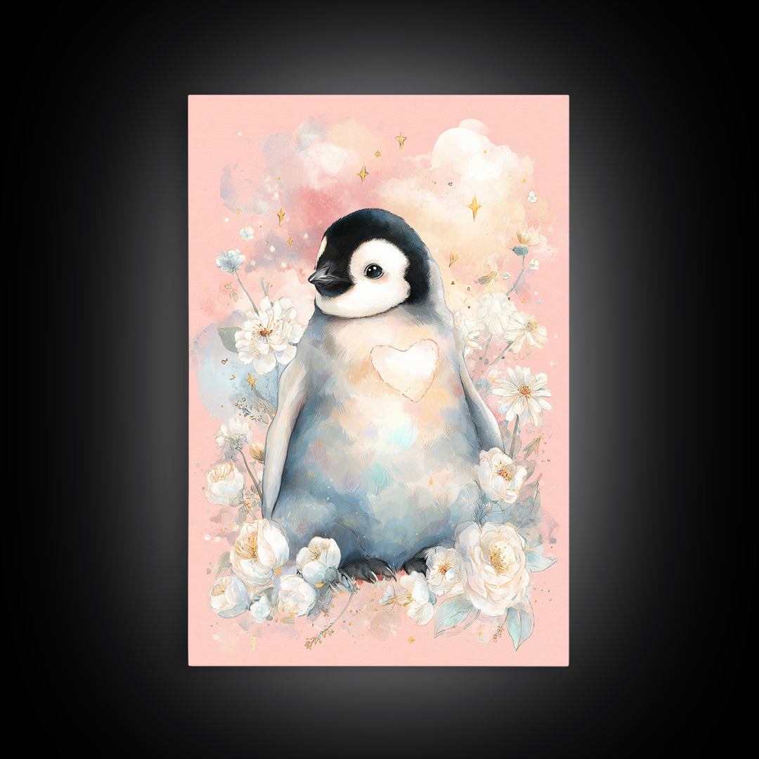 Penguin Holding a Little Heart Shape Canvas Print, Nursery Art, Wall Decor, Nursery Decor, Fine Art, Nursery, Playroom Decor, NUR-2x3-66