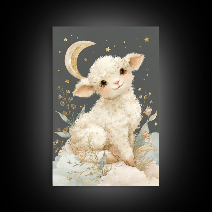 Little Lamb under a Starry Sky Framed Canvas Print, Nursery Art, Nursery Wall Art, Nursery Decor, Nursery, Woodland Nursery, NUR-2x3-75
