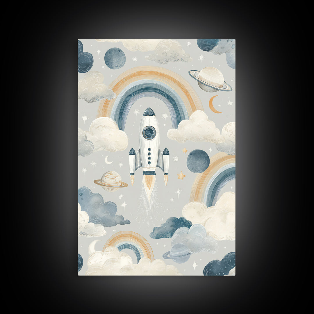 Rocket Ship and Smiling Planets Canvas Print, Nursery Art, Nursery Prints, Nursery Decor, Fine Art, Nursery, Kids Wall Decor, NUR-2x3-77