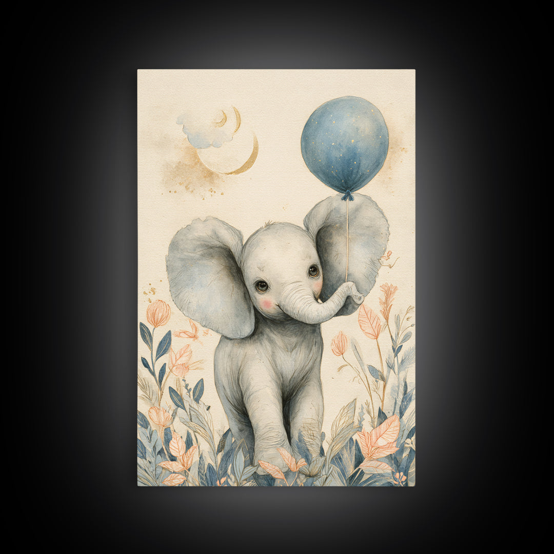 Sleepy Baby Elephant Holding a Tiny Balloon Canvas Print, Nursery Art, Playroom Decor, Nursery Decor, Oil Painting, Nursery, NUR-2x3-81