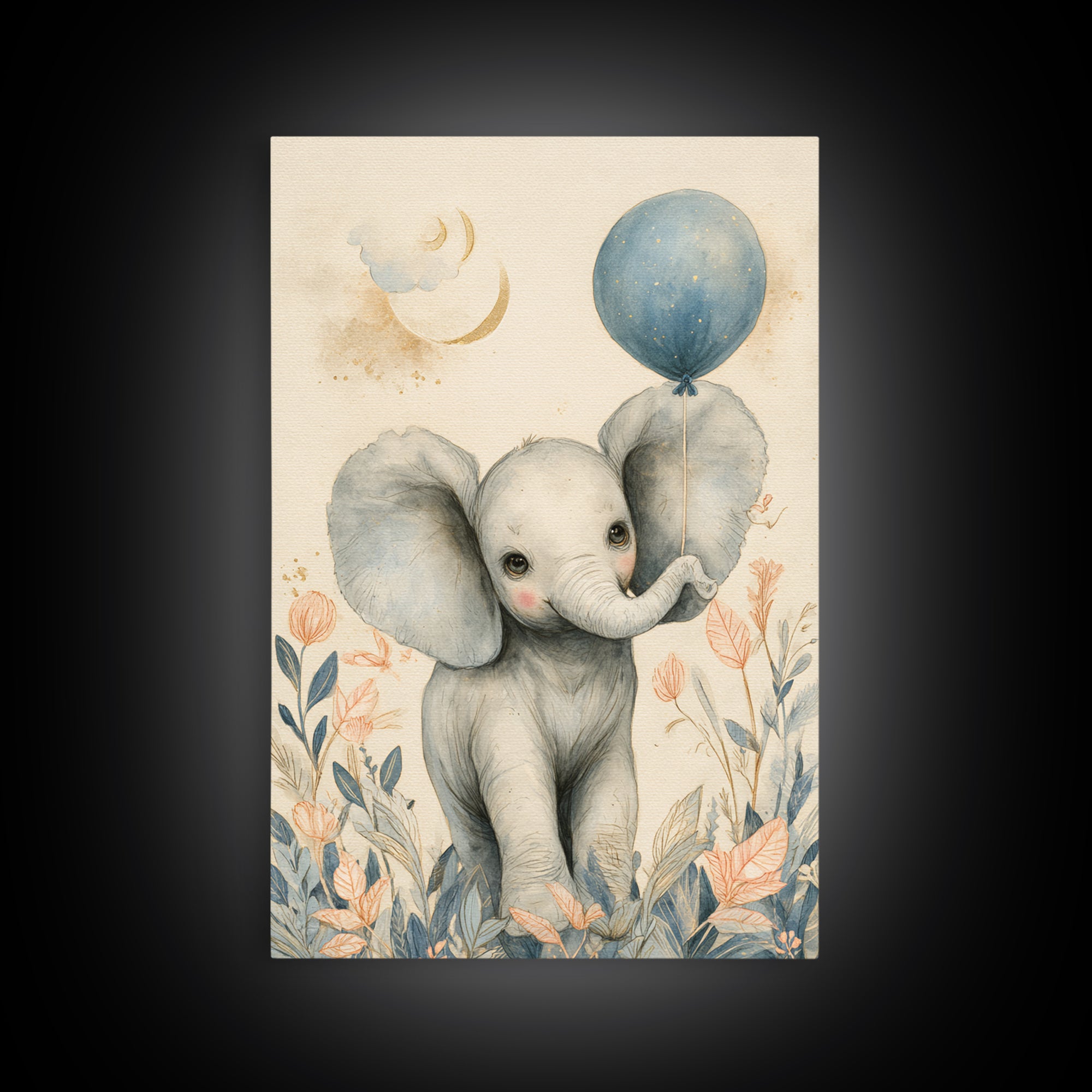 Sleepy Baby Elephant Holding a Tiny Balloon Canvas Print, Nursery Art, Playroom Decor, Nursery Decor, Oil Painting, Nursery, NUR-2x3-81