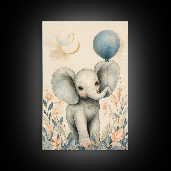 Sleepy Baby Elephant Holding a Tiny Balloon Canvas Print, Nursery Art, Playroom Decor, Nursery Decor, Oil Painting, Nursery, NUR-2x3-81