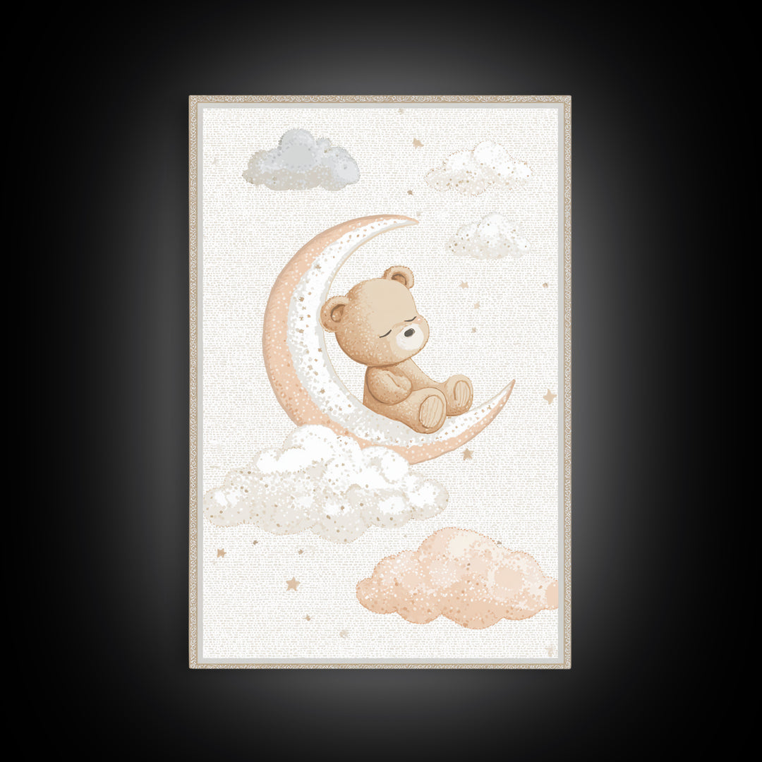 Baby Bear Floating on a Crescent Moon Canvas Print, Nursery Art, Nursery Decor, Abstract Art, Nursery, Kids Wall Art, NUR-2x3-86