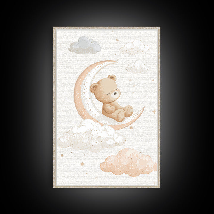 Baby Bear Floating on a Crescent Moon Canvas Print, Nursery Art, Nursery Decor, Abstract Art, Nursery, Kids Wall Art, NUR-2x3-86