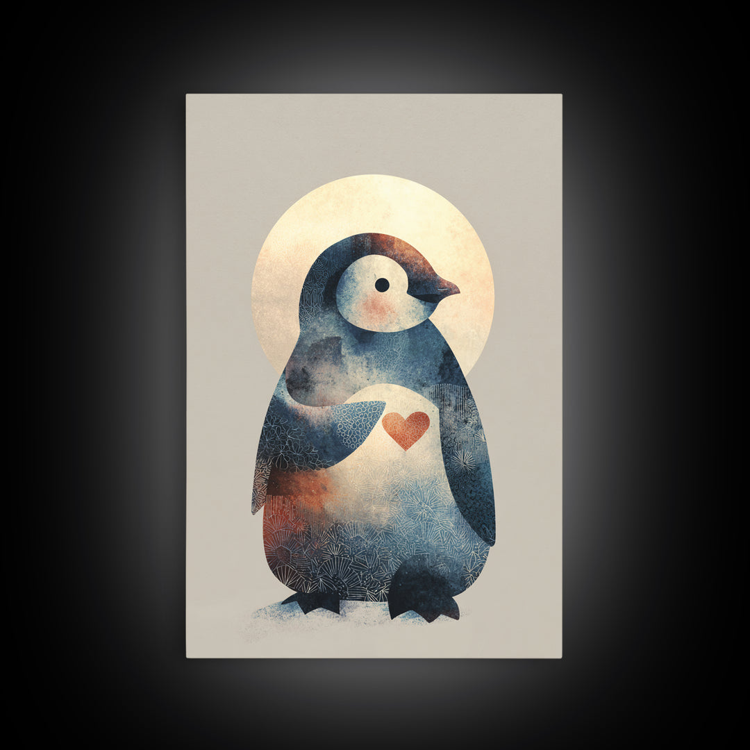 Penguin Holding a Little Heart Shape Framed Canvas Print, Nursery Art, Nursery Wall Art, Nursery Decor, Fine Art, Nursery, NUR-2x3-90