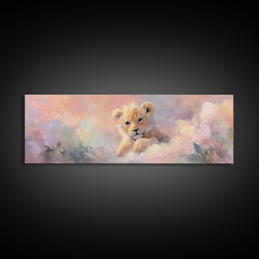 Lion Cub with Soft Golden Mane Framed Canvas Print, Nursery Art, Playroom Decor, Nursery Decor, Nursery, Kids Room Wall Art, NUR-3x1-1