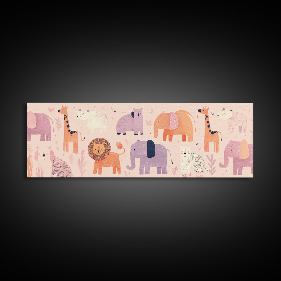 Pastel Jungle Animals Framed Canvas Print, Nursery Art, Wall Decor, Nursery Decor, Fine Art, Nursery, Playroom Decor, NUR-3x1-10