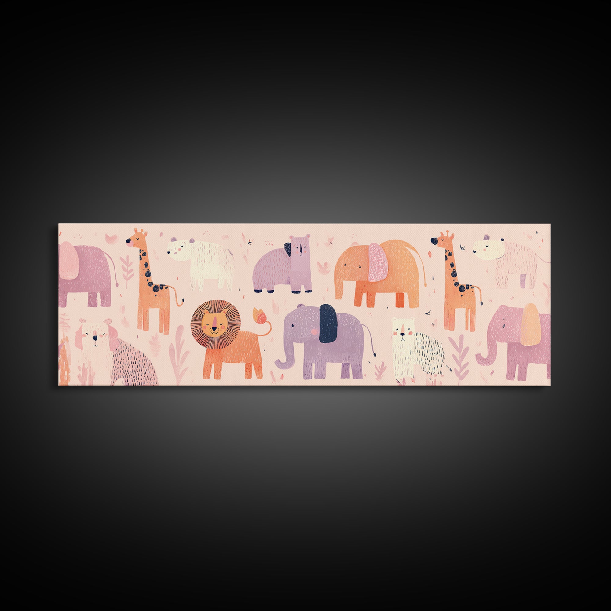 Pastel Jungle Animals Framed Canvas Print, Nursery Art, Wall Decor, Nursery Decor, Fine Art, Nursery, Playroom Decor, NUR-3x1-10