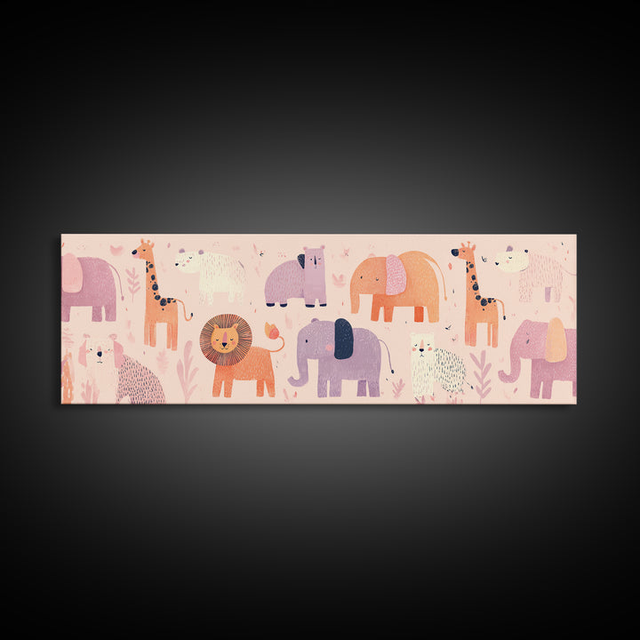 Pastel Jungle Animals Framed Canvas Print, Nursery Art, Wall Decor, Nursery Decor, Fine Art, Nursery, Playroom Decor, NUR-3x1-10
