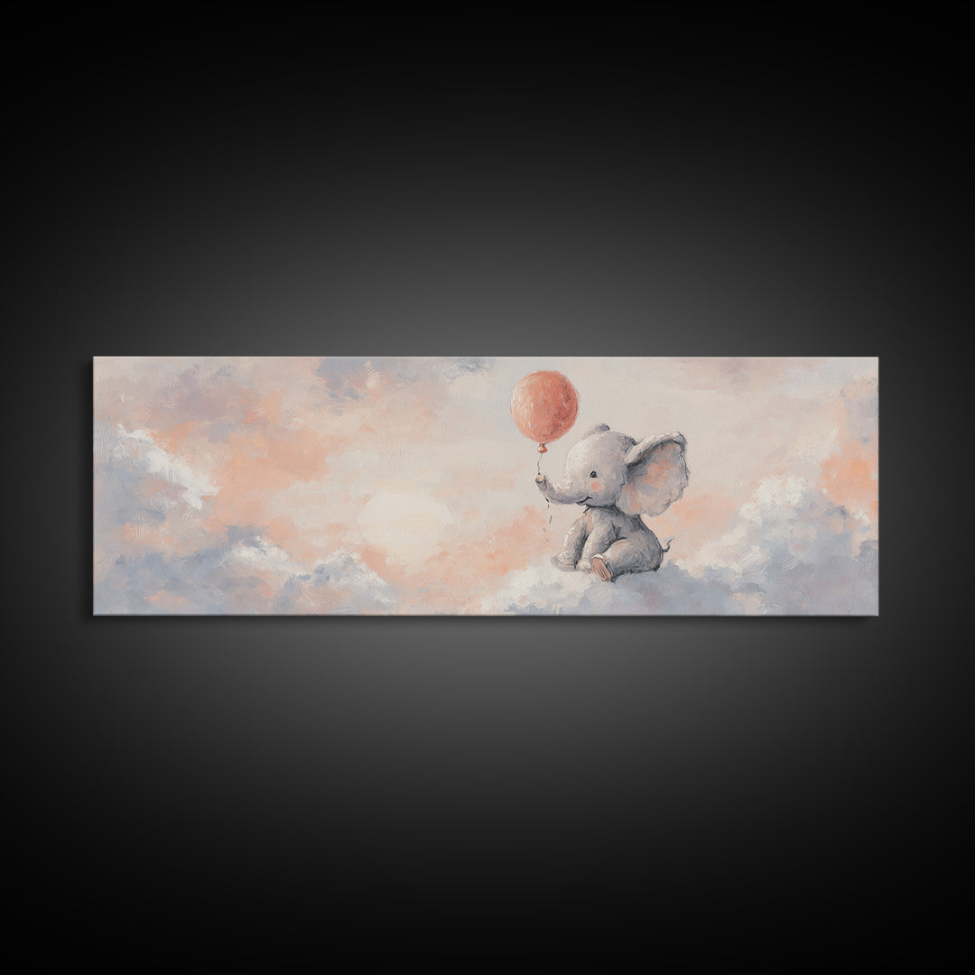 Sleepy Baby Elephant Holding a Tiny Balloon Framed Canvas Print, Nursery Art, Digital Download Art, Nursery Decor, Nursery, NUR-3x1-17