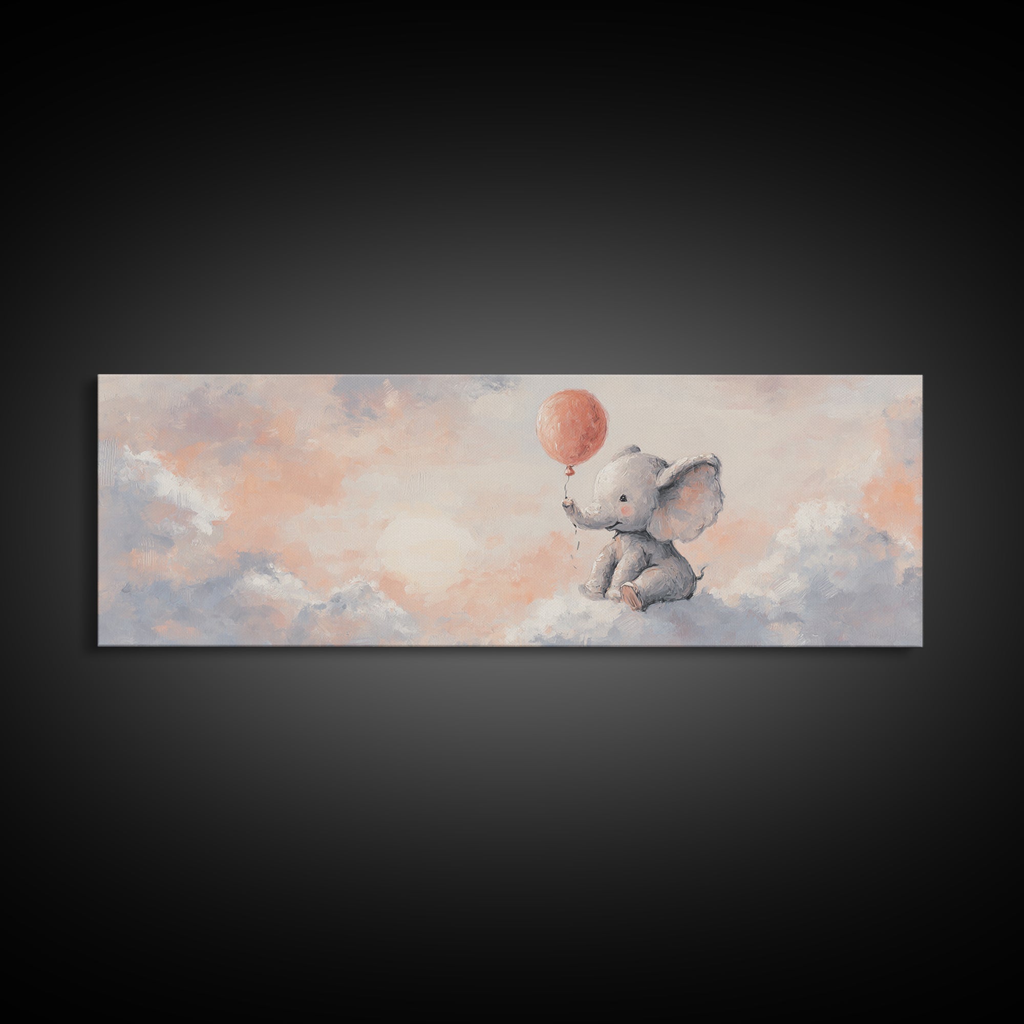 Sleepy Baby Elephant Holding a Tiny Balloon Framed Canvas Print, Nursery Art, Digital Download Art, Nursery Decor, Nursery, NUR-3x1-17