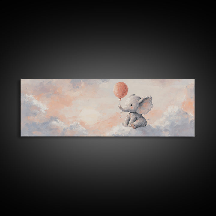 Sleepy Baby Elephant Holding a Tiny Balloon Framed Canvas Print, Nursery Art, Digital Download Art, Nursery Decor, Nursery, NUR-3x1-17