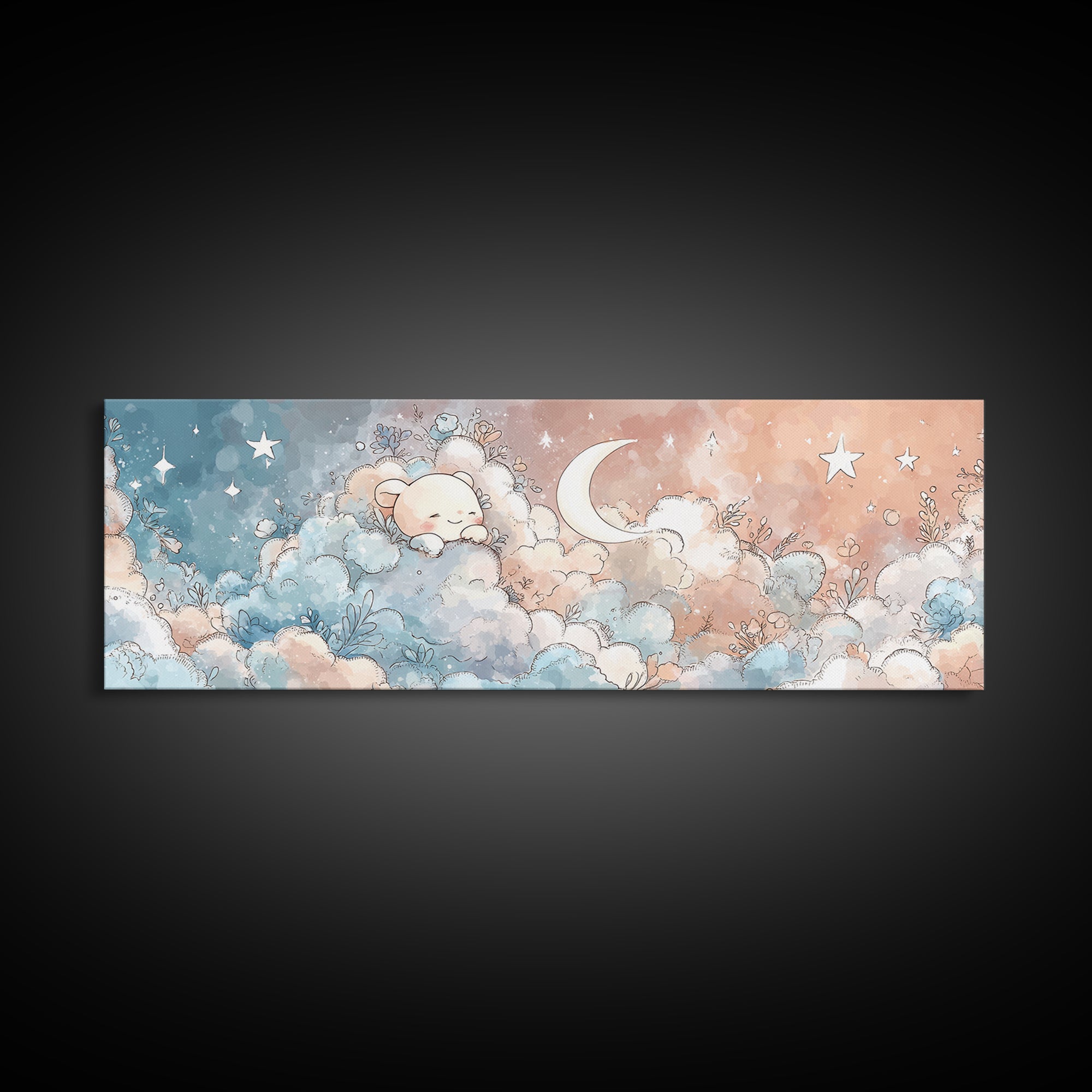 Moon and Stars Canvas Print, Nursery Art, Fine Art Print, Nursery Decor, Watercolor Art, Nursery, Digital Art, NUR-3x1-19