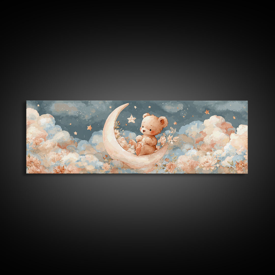 Baby Bear Floating on a Crescent Moon Canvas Print, Nursery Art, Boho Decor, Nursery Decor, Abstract Art, Nursery, NUR-3x1-22