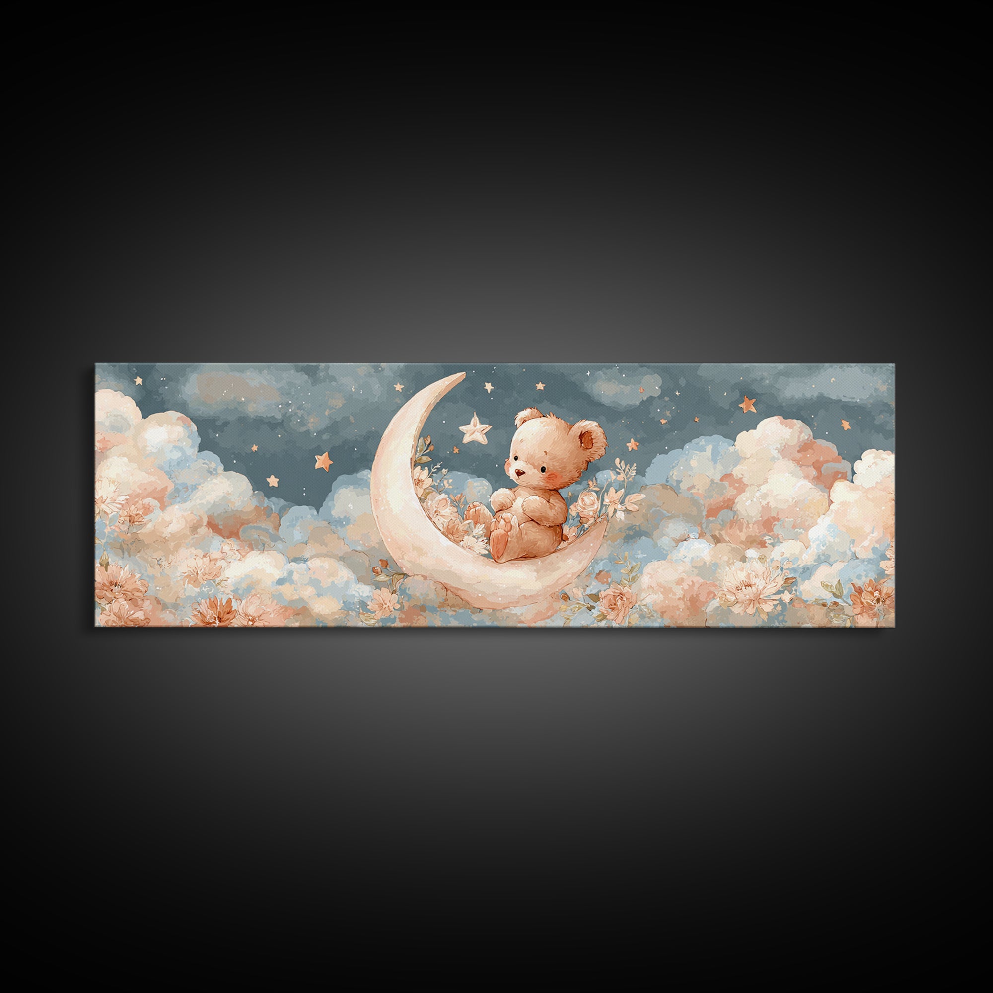 Baby Bear Floating on a Crescent Moon Canvas Print, Nursery Art, Boho Decor, Nursery Decor, Abstract Art, Nursery, NUR-3x1-22