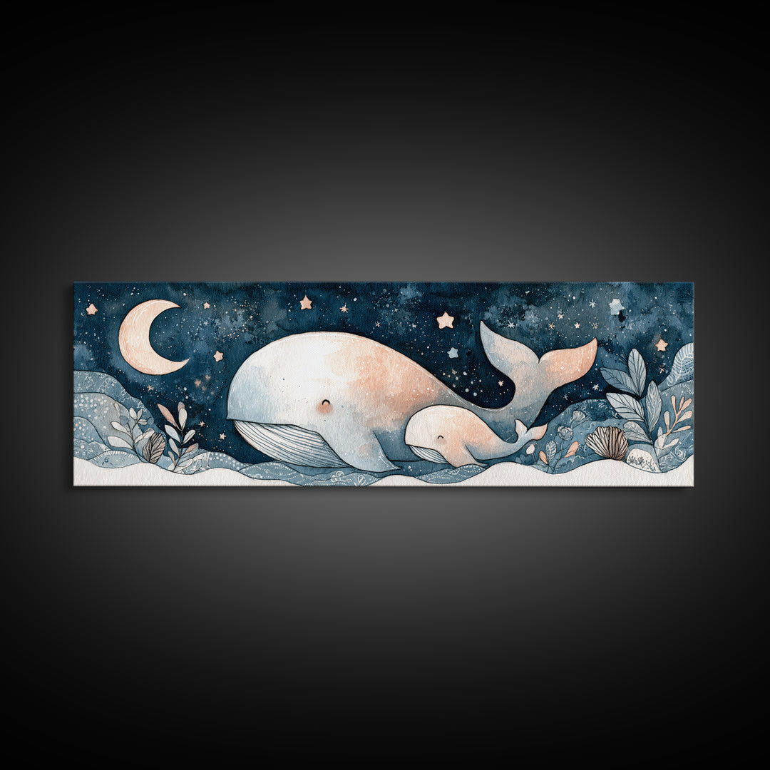 Whale and Tiny Stars Canvas Print, Nursery Art, Dinosaur Wall Art, Nursery Decor, Fine Art, Nursery, Room Decor, NUR-3x1-24