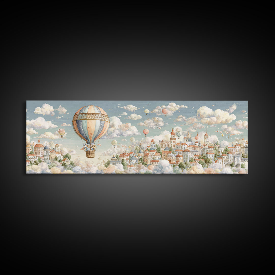Floating Hot Air Balloon Framed Canvas Print, Nursery Art, Kids Room Art, Nursery Decor, Oil Painting, Nursery, NUR-3x1-28