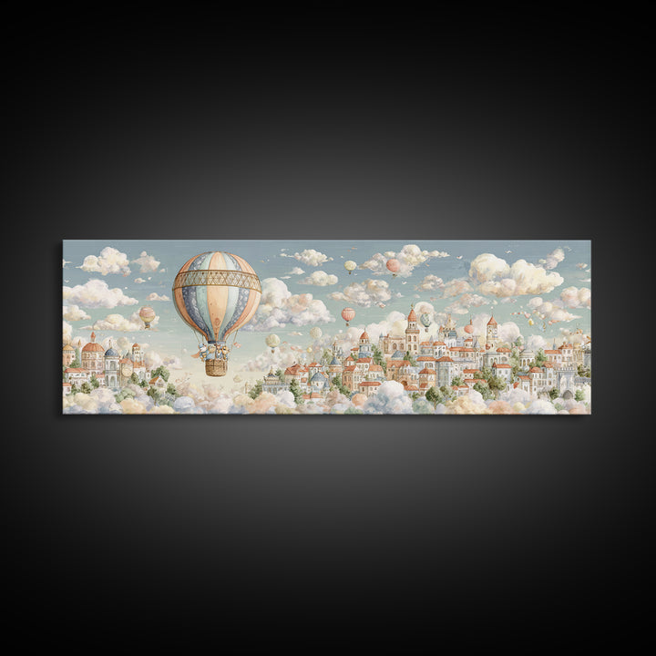 Floating Hot Air Balloon Framed Canvas Print, Nursery Art, Kids Room Art, Nursery Decor, Oil Painting, Nursery, NUR-3x1-28