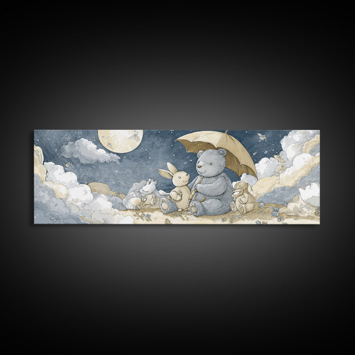Bear and Rabbit Sharing Umbrella Canvas Print, Nursery Art, Girl Nursery Decor, Nursery Decor, Fine Art, Nursery, Kids Room Art, NUR-3x1-33