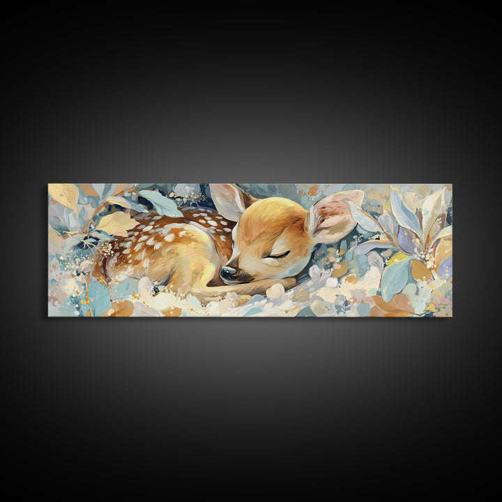 Deer Fawn Sleeping Canvas Print, Nursery Art, Modern Decor, Nursery Decor, Fine Art, Nursery, Art Print, Digital Art, NUR-3x1-39