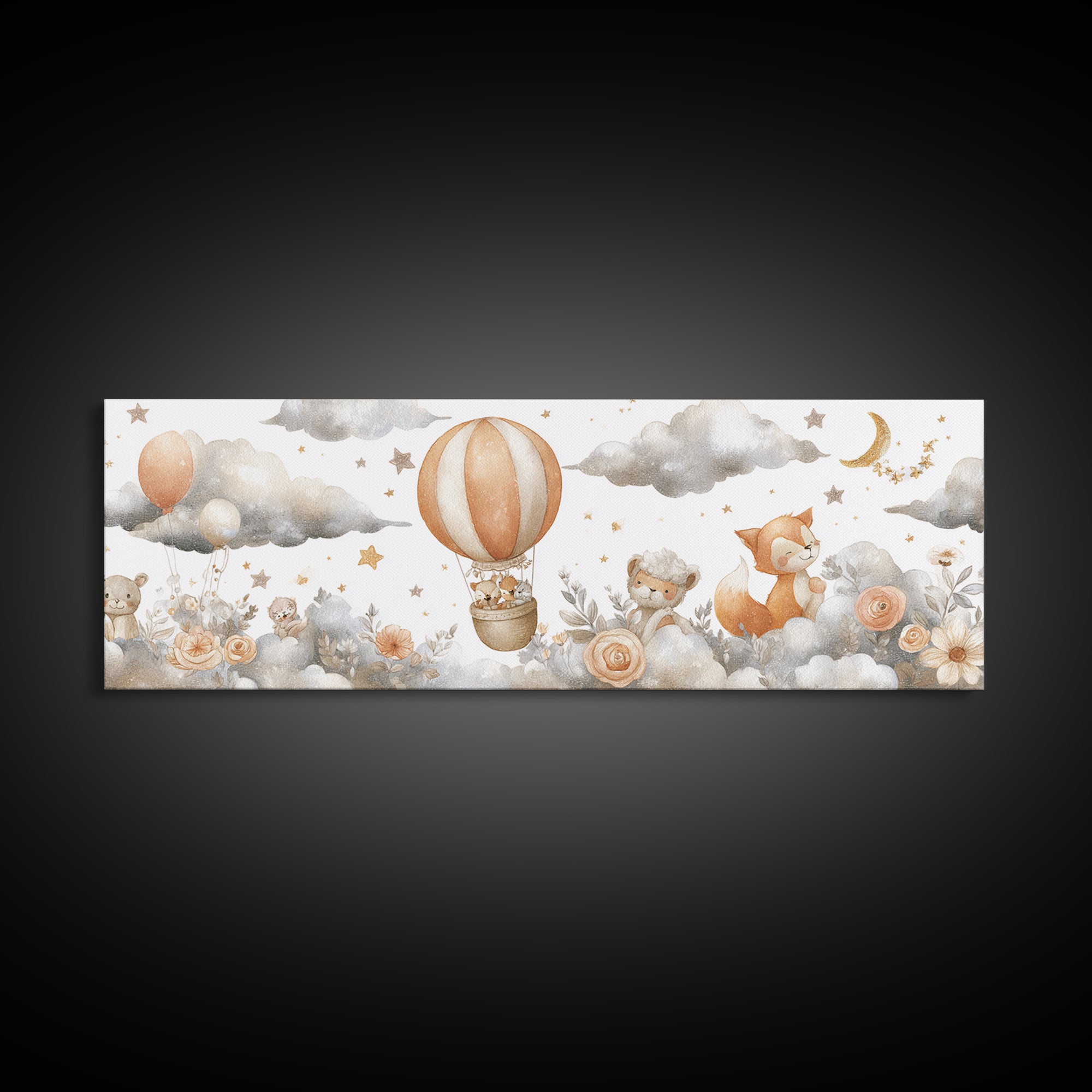 Floating Hot Air Balloon Canvas Print, Nursery Art, Baby Girl Nursery, Nursery Decor, Watercolor Art, Nursery, Fine Art Print, NUR-3x1-4