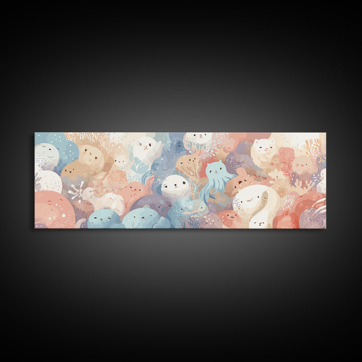Friendly Ocean Creatures Canvas Print, Nursery Art, Home Decor, Nursery Decor, Oil Painting, Nursery, Contemporary Art, NUR-3x1-40
