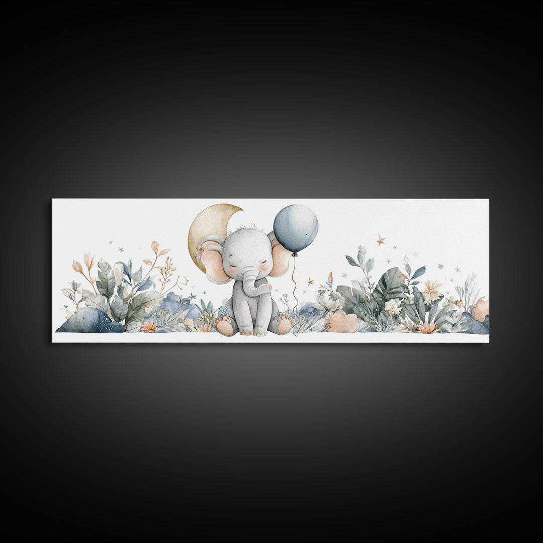 Sleepy Baby Elephant Holding a Tiny Balloon Canvas Print, Nursery Art, Playroom Wall Art, Nursery Decor, Watercolor Art, NUR-3x1-41