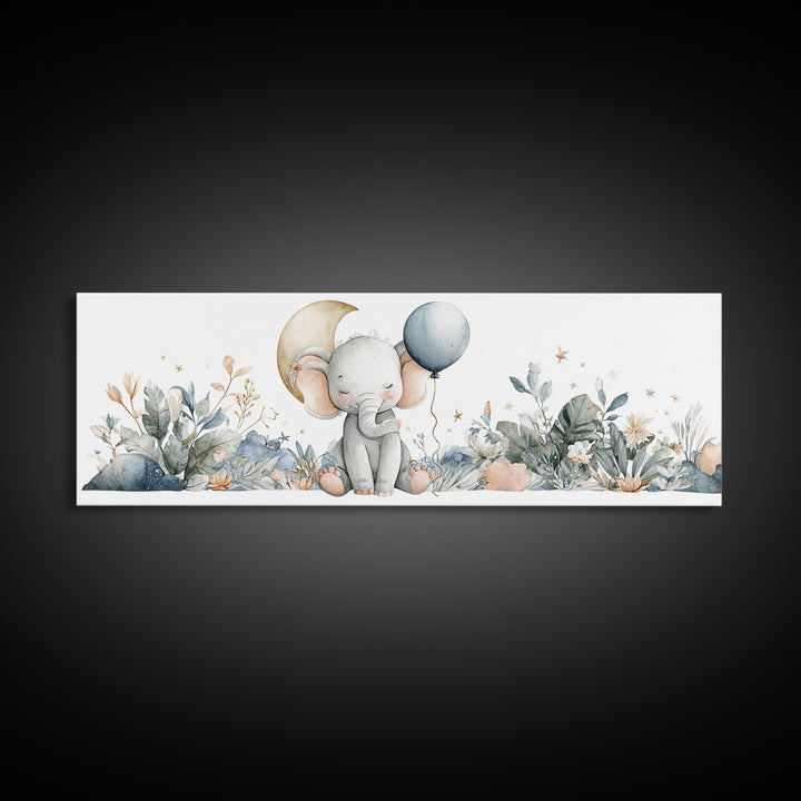 Sleepy Baby Elephant Holding a Tiny Balloon Canvas Print, Nursery Art, Playroom Wall Art, Nursery Decor, Watercolor Art, NUR-3x1-41