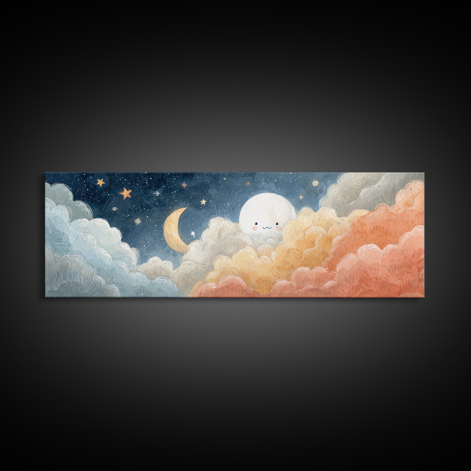 Moon and Stars Canvas Print, Nursery Art, Art Print, Nursery Decor, Fine Art, Nursery 243, Wall Art Set of, Girl Nursery Decor, NUR-3x1-43