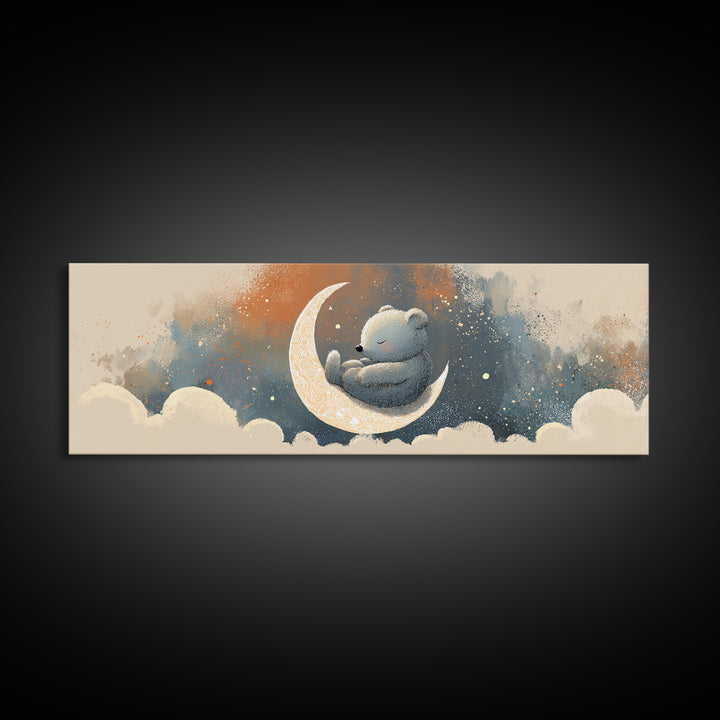 Baby Bear Floating on a Crescent Moon Canvas Print, Nursery Art, Girl Nursery Decor, Nursery Decor, Fine Art, Nursery, NUR-3x1-46