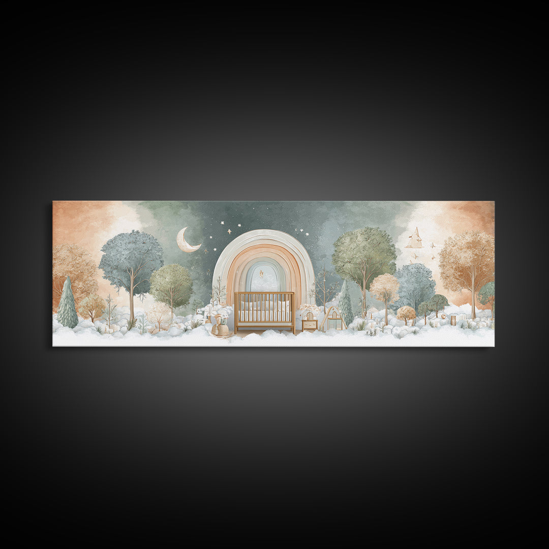Rainbow Arch with Muted Nursery Colors Framed Canvas Print, Nursery Art, Digital Art, Nursery Decor, Oil Painting, Nursery, NUR-3x1-47
