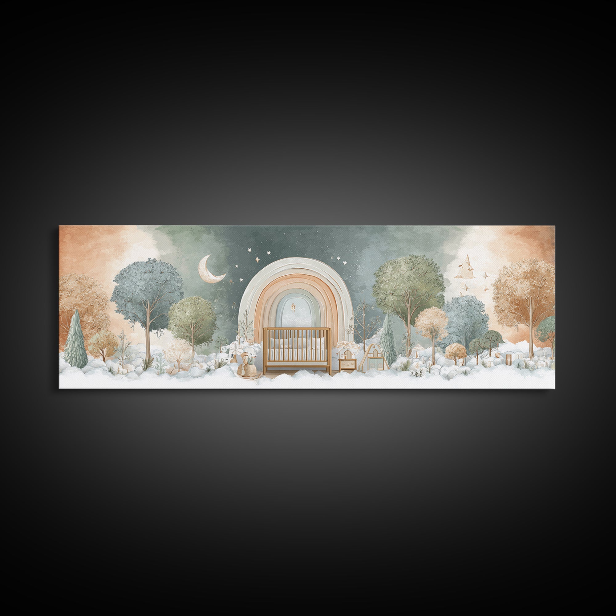 Rainbow Arch with Muted Nursery Colors Framed Canvas Print, Nursery Art, Digital Art, Nursery Decor, Oil Painting, Nursery, NUR-3x1-47