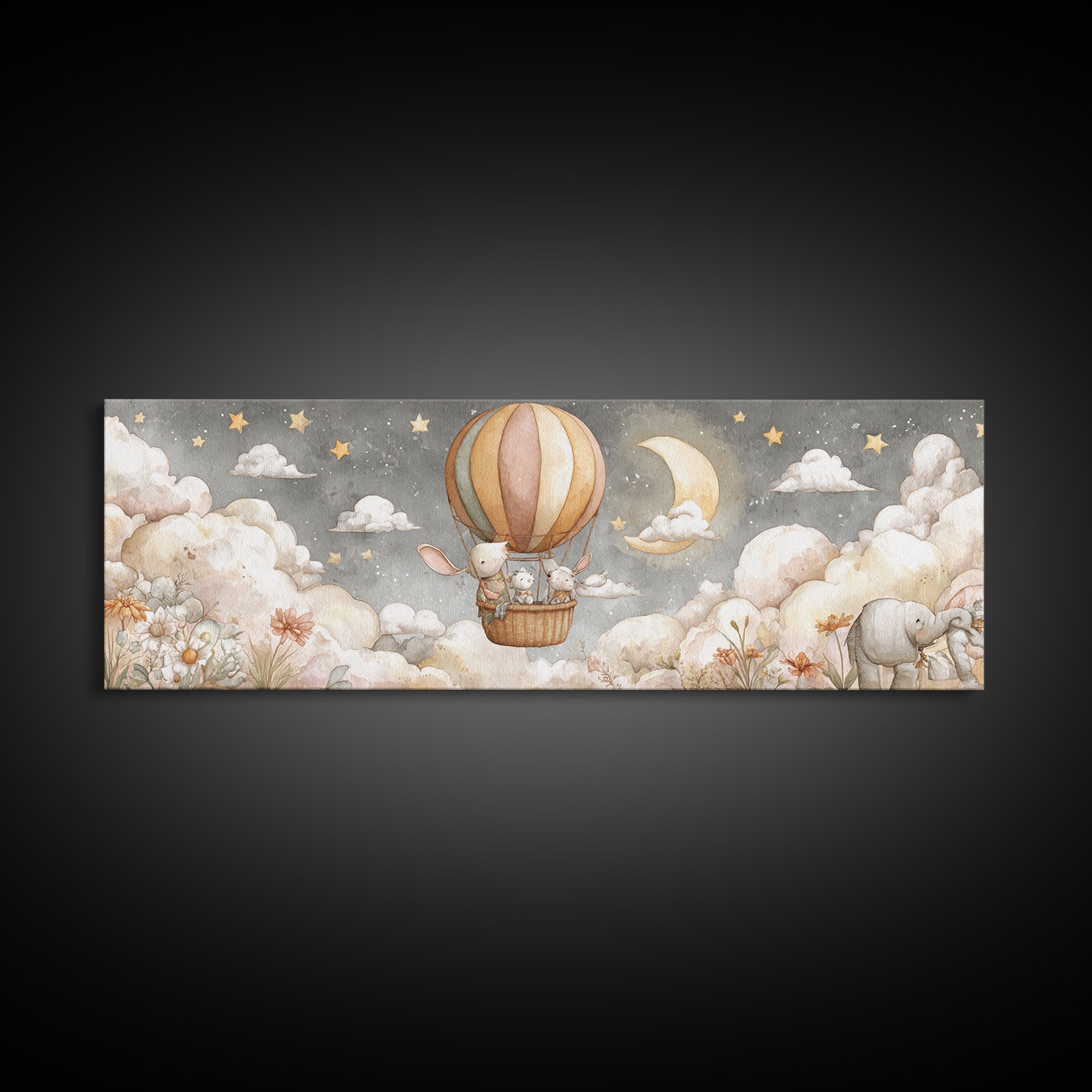 Floating Hot Air Balloon Framed Canvas Print, Nursery Art, Room Decor, Nursery Decor, Abstract Art, Nursery, Printable Art, NUR-3x1-52