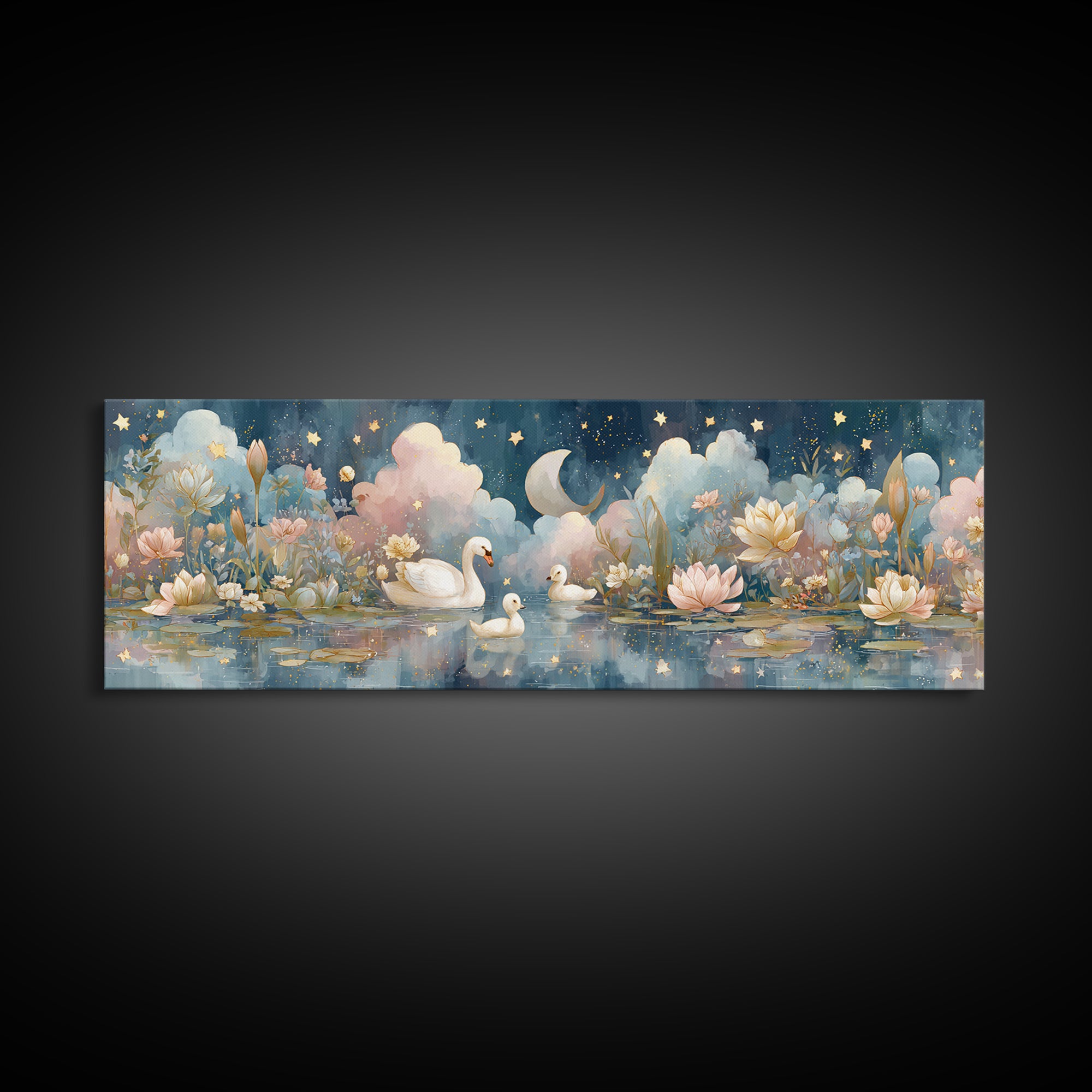 Swan and Cygnet Framed Canvas Print, Nursery Art, Textured Painting, Nursery Decor, Fine Art, Nursery, Wall Art Print, NUR-3x1-56