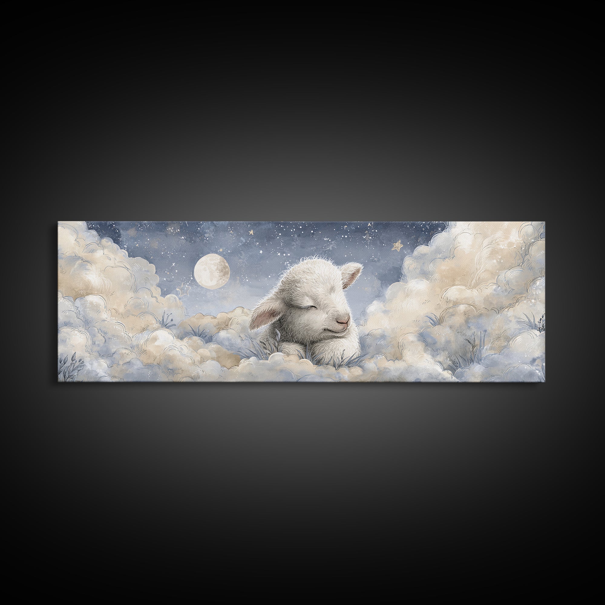 Little Lamb under a Starry Sky Framed Canvas Print, Nursery Art, Wall Art, Nursery Decor, Fine Art, Nursery, Nursery Prints, NUR-3x1-59