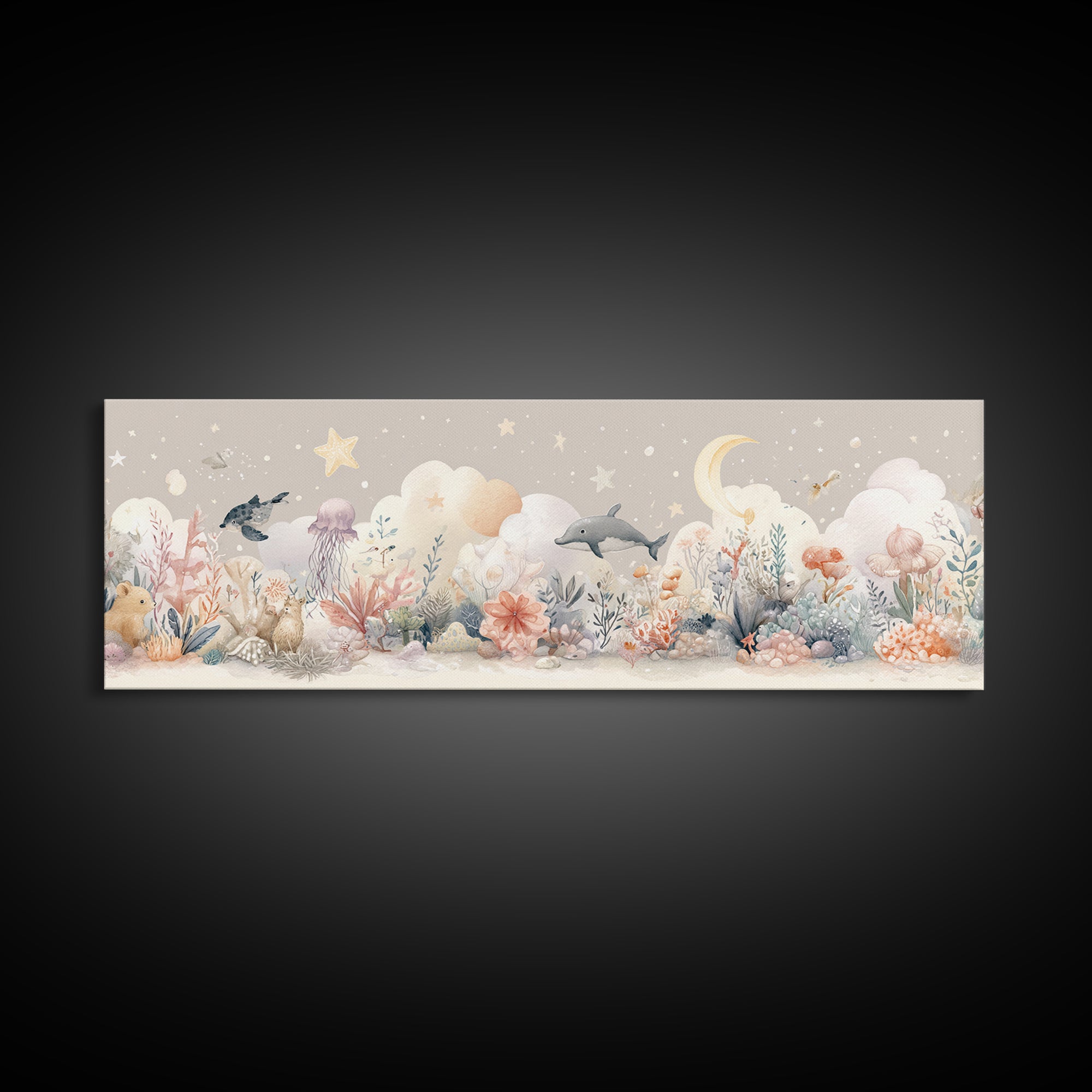 Friendly Ocean Creatures Framed Canvas Print, Nursery Art, Boho Decor, Nursery Decor, Fine Art, Nursery, Wall Hangings, NUR-3x1-64