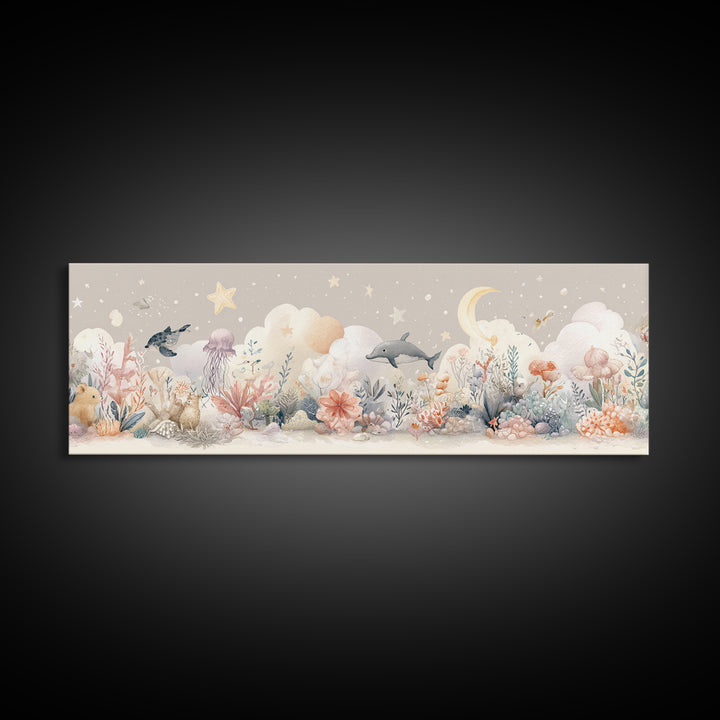 Friendly Ocean Creatures Framed Canvas Print, Nursery Art, Boho Decor, Nursery Decor, Fine Art, Nursery, Wall Hangings, NUR-3x1-64