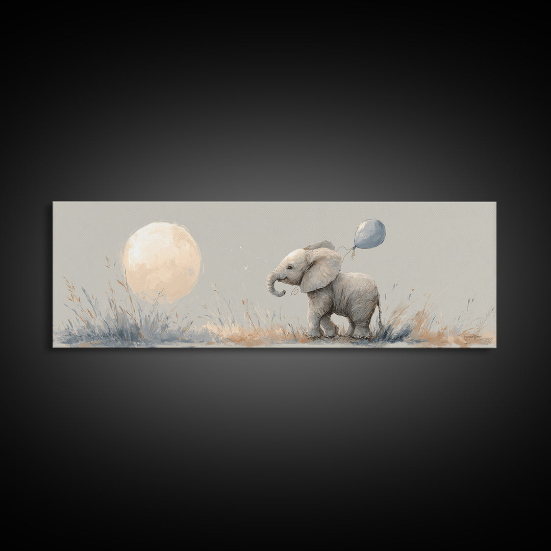 Sleepy Baby Elephant Holding a Tiny Balloon Canvas Print, Nursery Art, Playroom Wall Art, Nursery Decor, Watercolor Art, NUR-3x1-65