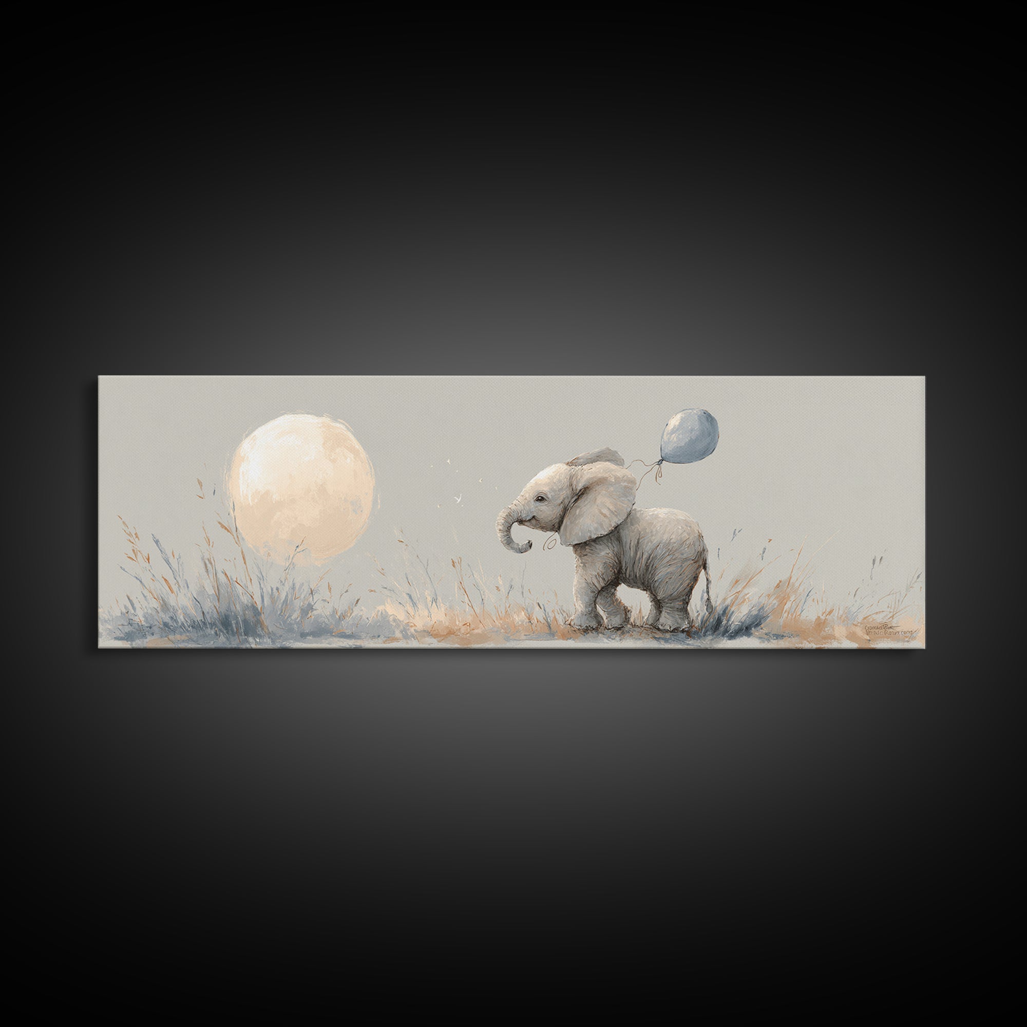 Sleepy Baby Elephant Holding a Tiny Balloon Canvas Print, Nursery Art, Playroom Wall Art, Nursery Decor, Watercolor Art, NUR-3x1-65