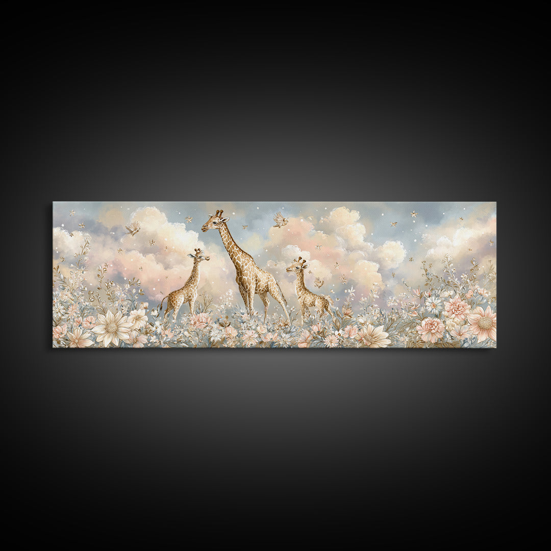 Gentle Giraffe with Pastel Flowers Canvas Print, Nursery Art, Wall Art Set of 3, Nursery Decor, Watercolor Art, Nursery, NUR-3x1-66