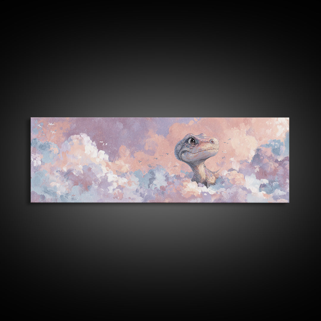 Tiny Dinosaur with Friendly Expression Framed Canvas Print, Nursery Art, Gallery Decor, Nursery Decor, Fine Art, Nursery, NUR-3x1-7
