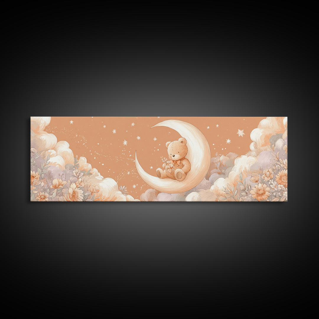Baby Bear Floating on a Crescent Moon Canvas Print, Nursery Art, Luxury Decor, Nursery Decor, Oil Painting, Nursery, NUR-3x1-70