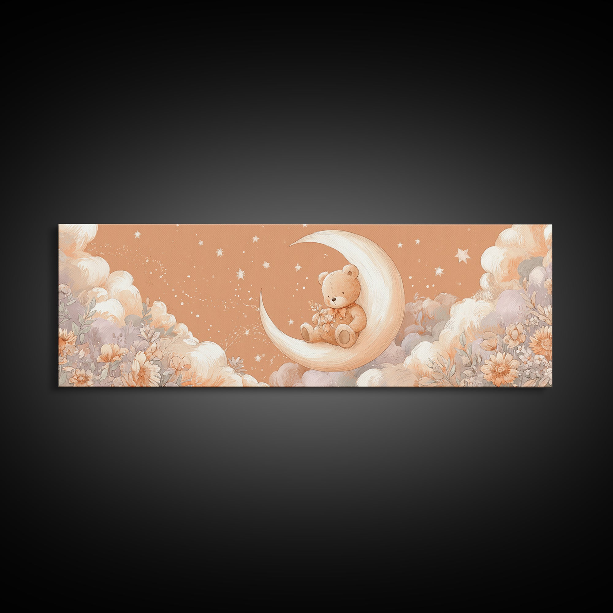 Baby Bear Floating on a Crescent Moon Canvas Print, Nursery Art, Luxury Decor, Nursery Decor, Oil Painting, Nursery, NUR-3x1-70