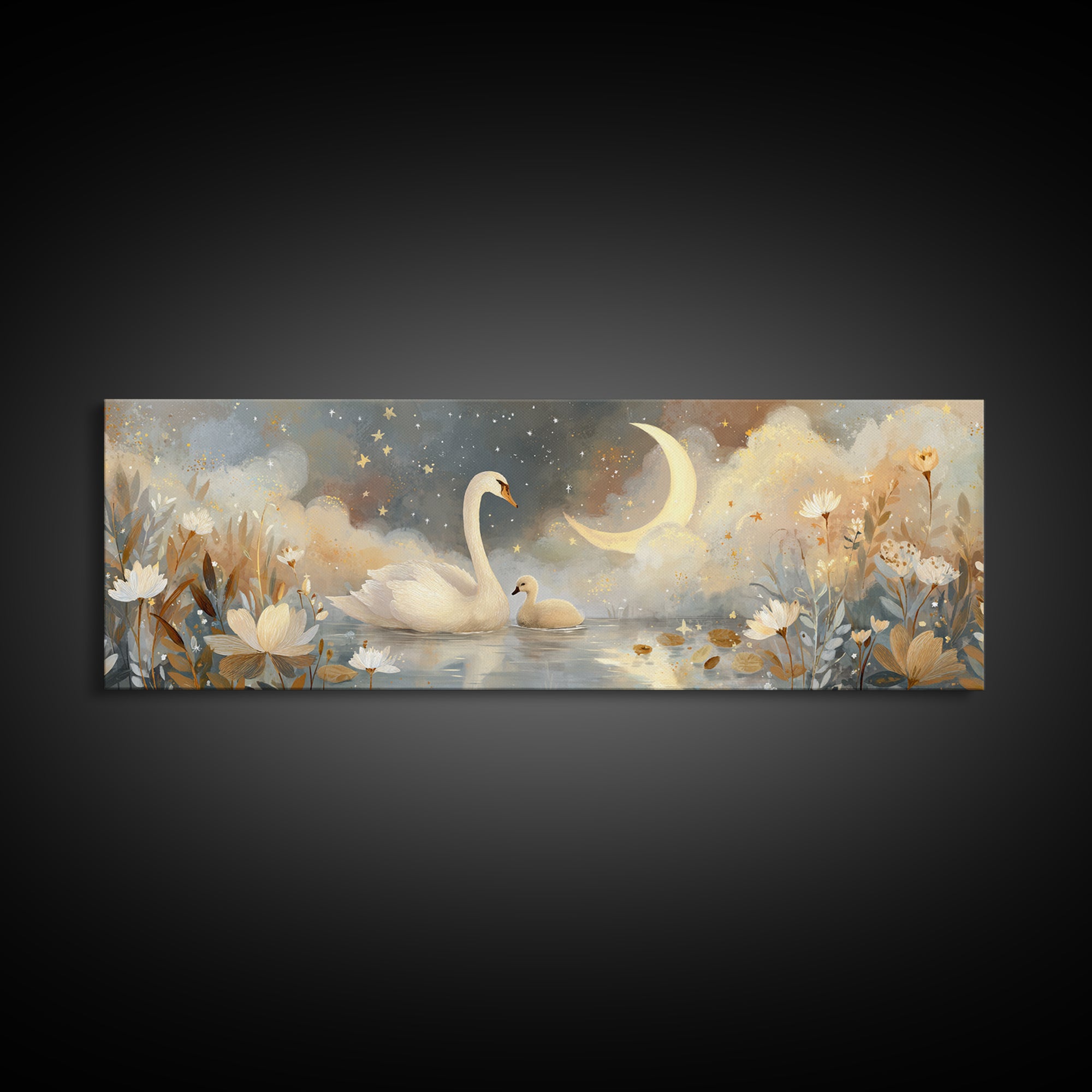 Swan and Cygnet Canvas Print, Nursery Art, Playroom Wall Art, Nursery Decor, Fine Art, Nursery, Statement Artwork, Boho Decor, NUR-3x1-8