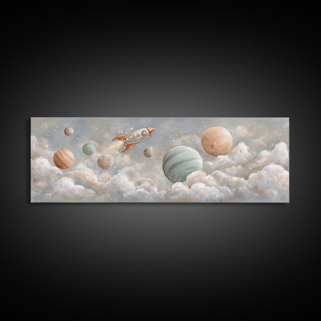 Rocket Ship and Smiling Planets Canvas Print, Nursery Art, Baby Girl Nursery, Nursery Decor, Oil Painting, Nursery, NUR-3x1-85